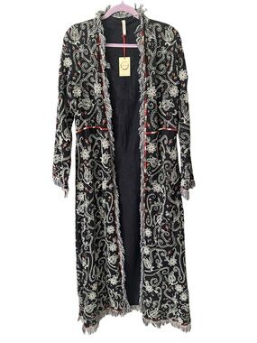RAGA Duster embroidered w/fringe RARE piece Black, White & Red NWT Small $295